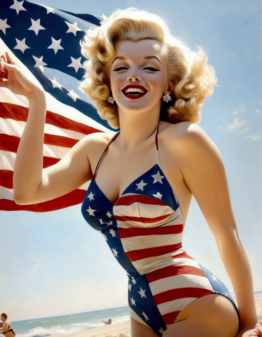 Marilyn Monroe, age 25, 50s style swimsuit american flag motif, waving a small american flag, American flag in background, sultry joyous pose