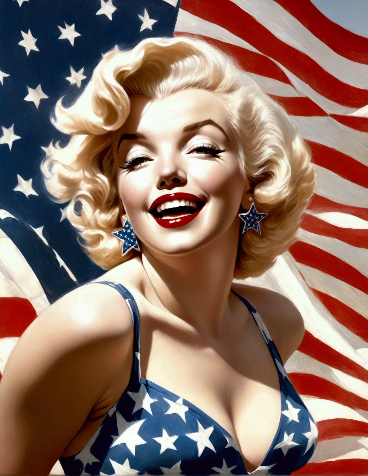 Marilyn Monroe, age 25, 50s style swimsuit american flag motif, waving a small american flag, American flag in background, sultry joyous pose