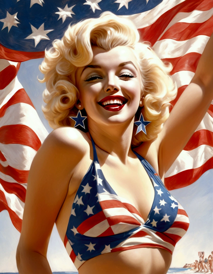 Marilyn Monroe, age 25, 50s style swimsuit american flag motif, waving a small american flag, American flag in background, sultry joyous pose
