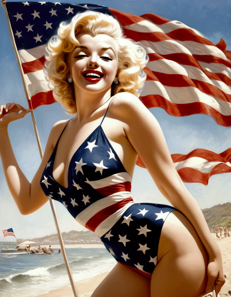 Marilyn Monroe, age 25, 50s style swimsuit american flag motif, waving a small american flag, American flag in background, sultry joyous pose