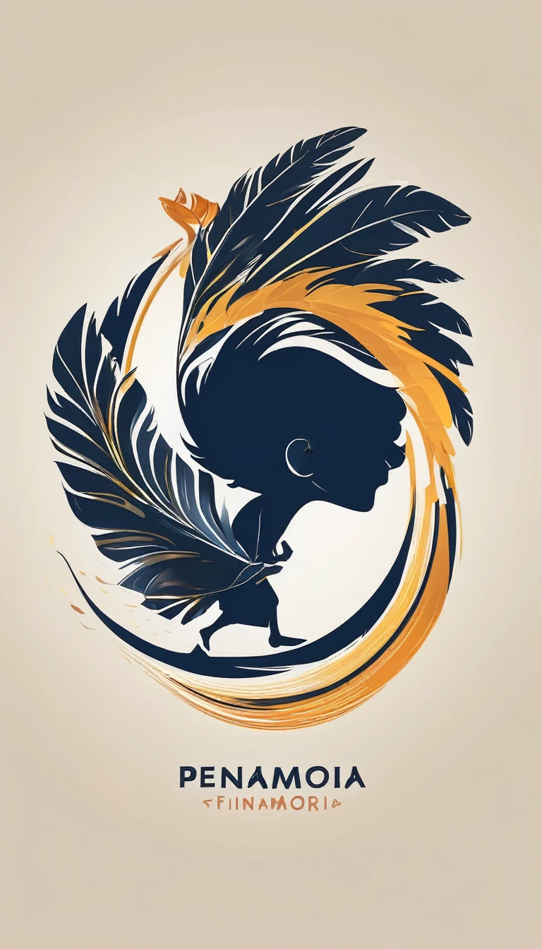 Create a cinematic, abstract symbol for a storytelling production brand based on stories and music called " Penamemoria". The logo should convey a fantasy theme and include the company of a boy and a fantasy bird. Logo design of a running boy with two giant feathers in his hand