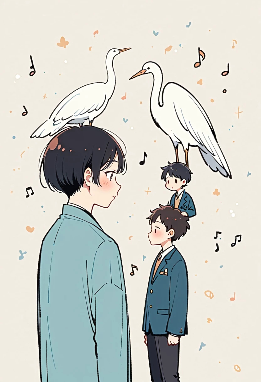 Watase Seizo style, Short black hair,Standing in front of a wall,Simple line initials,A background of scattered musical notes, Egret on shoulder,A lovely touch to the painting (((The most beautiful men))), (((a bit)))