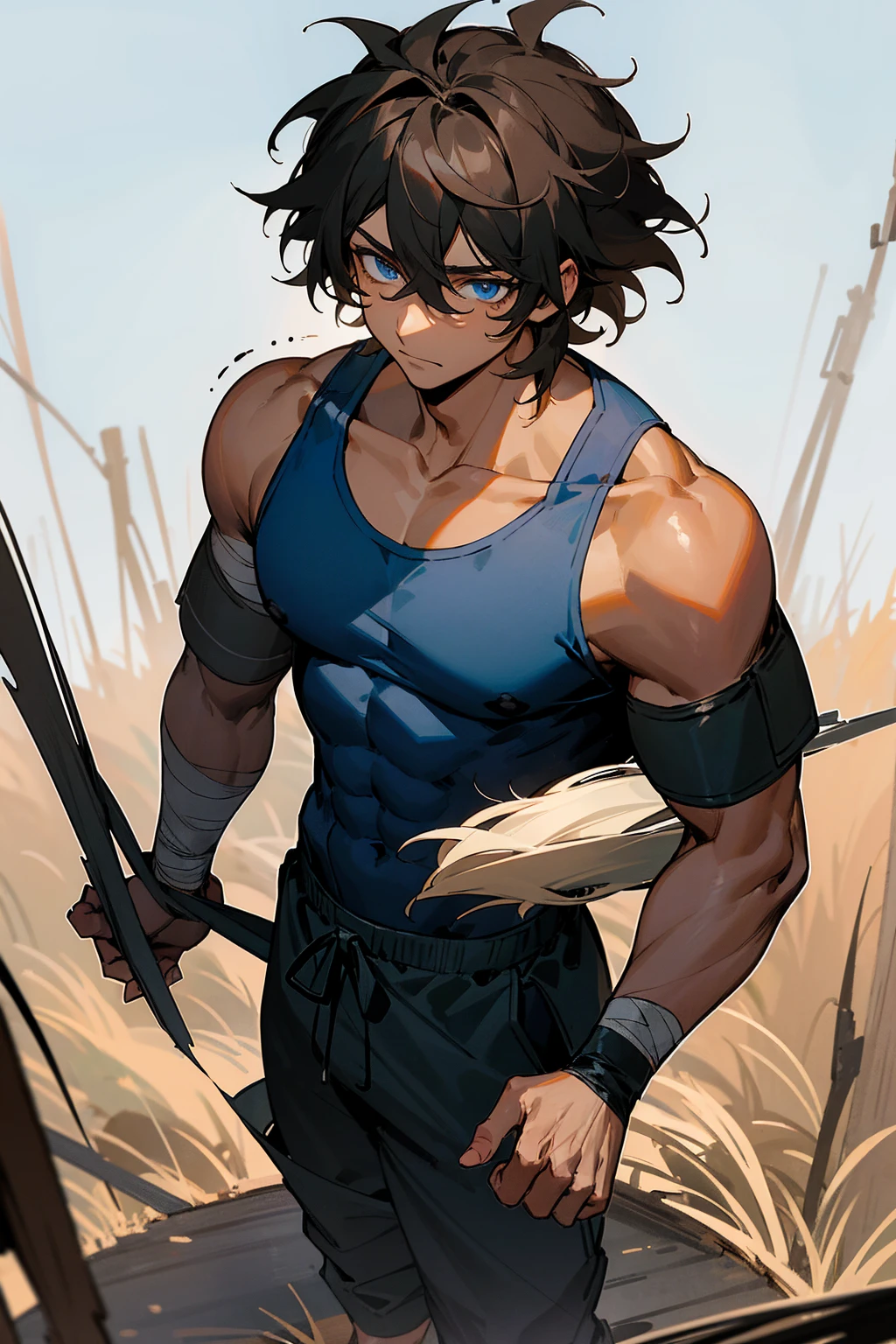 1male, tan skin, black highlighted hair, messy hair, wavy hair, blue eyes, uninterested expression, dark blue oversized goat, black joggers, black tanktop, bandaged clothing, grassland background, standing on path, hands to side