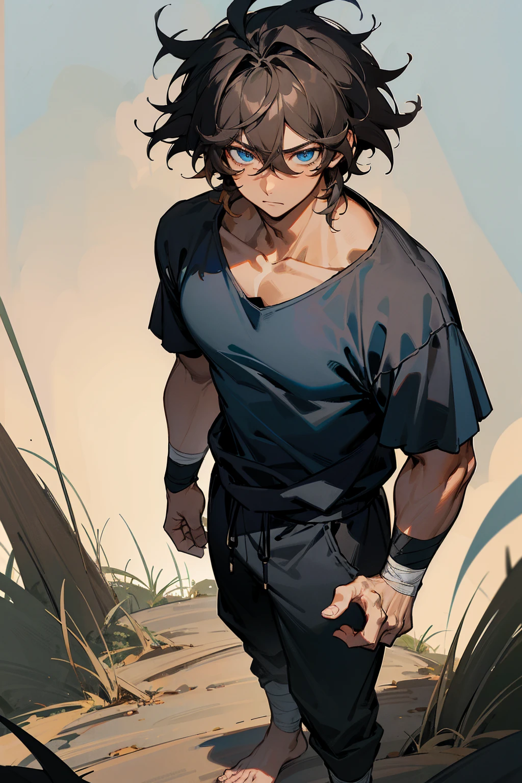 1male, tan skin, black highlighted hair, messy hair, wavy hair, blue eyes, uninterested expression, dark blue oversized goat, black joggers, black tanktop, bandaged clothing, grassland background, standing on path, hands to side