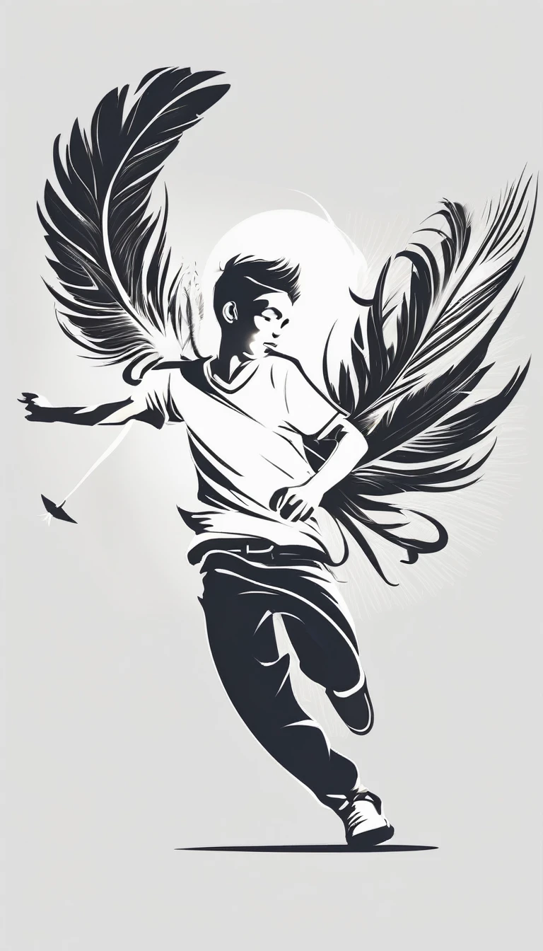 Create a white, minimalist, logo design of a boy running with two giant feathers in his hand. The logo should convey a companionship between a  and a fantasy bird. Logo design impressed on a white shirt