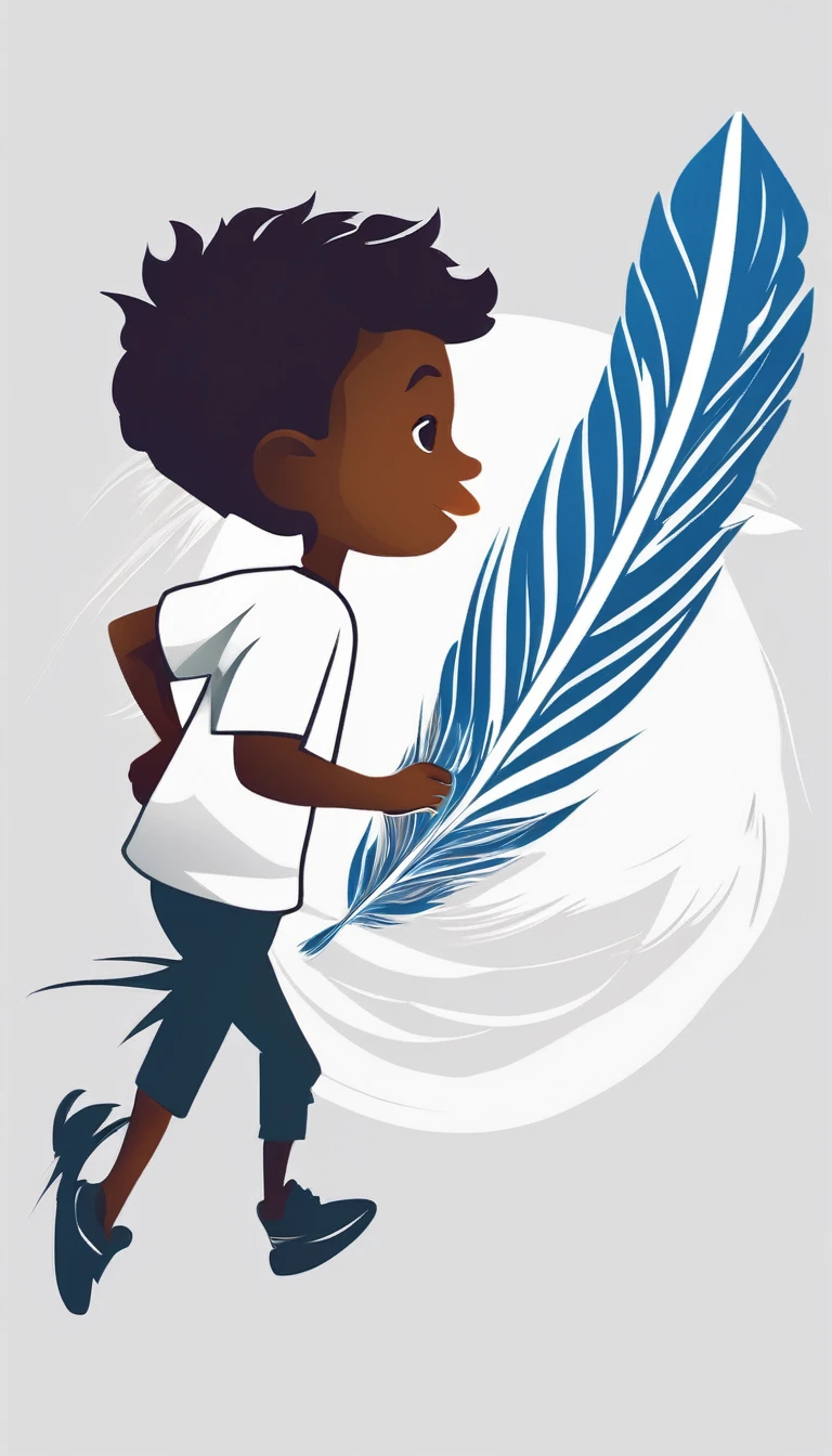 Create a white, minimalist, logo design of a boy running with two giant feathers in his hand. The logo should convey a companionship between a  and a fantasy bird. Logo design impressed on a white shirt