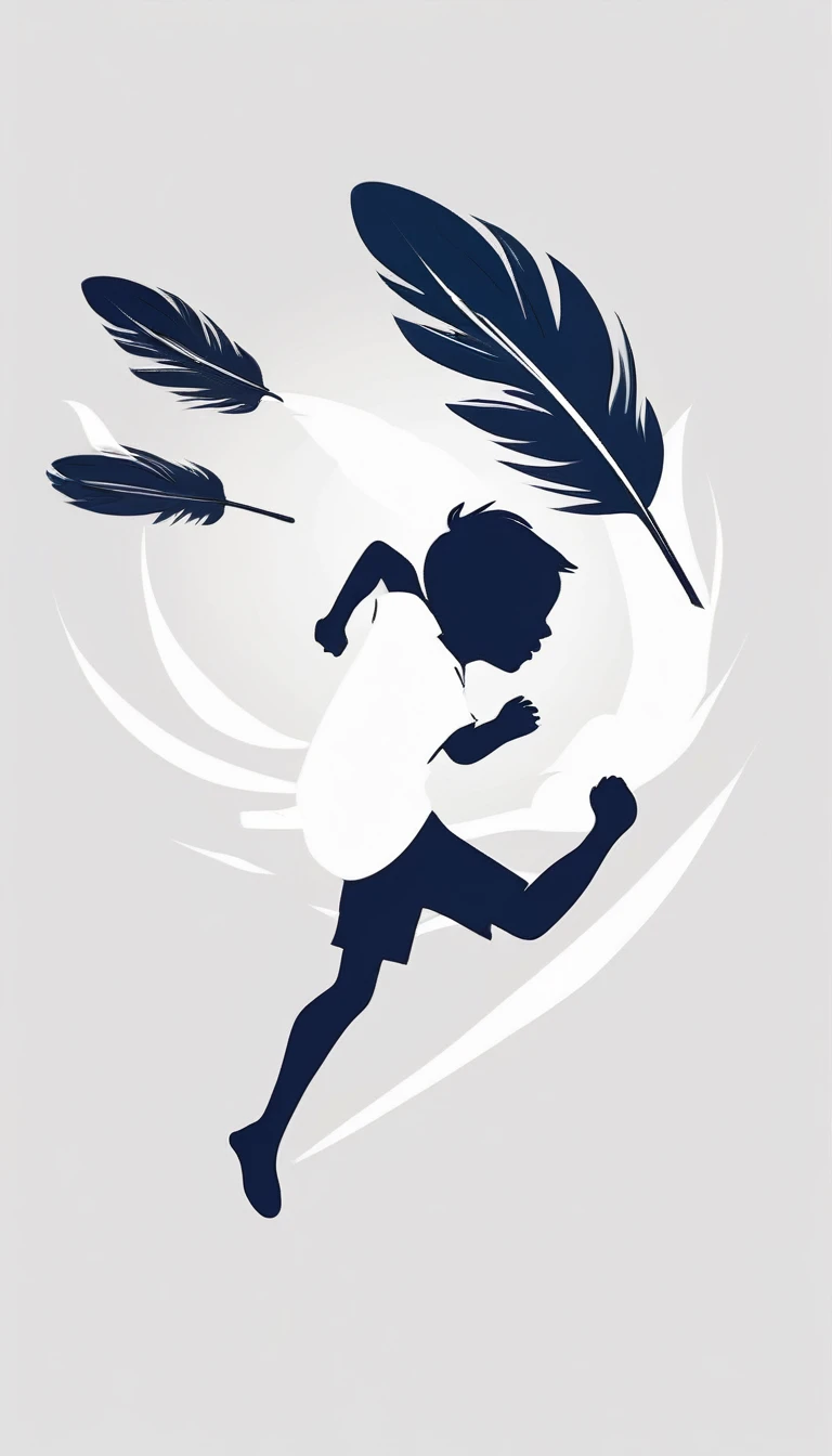 Create a white, minimalist, logo design of a boy running with two giant feathers in his hand. The logo should convey a companionship between a and a fantasy bird. Logo design impressed on a white shirt