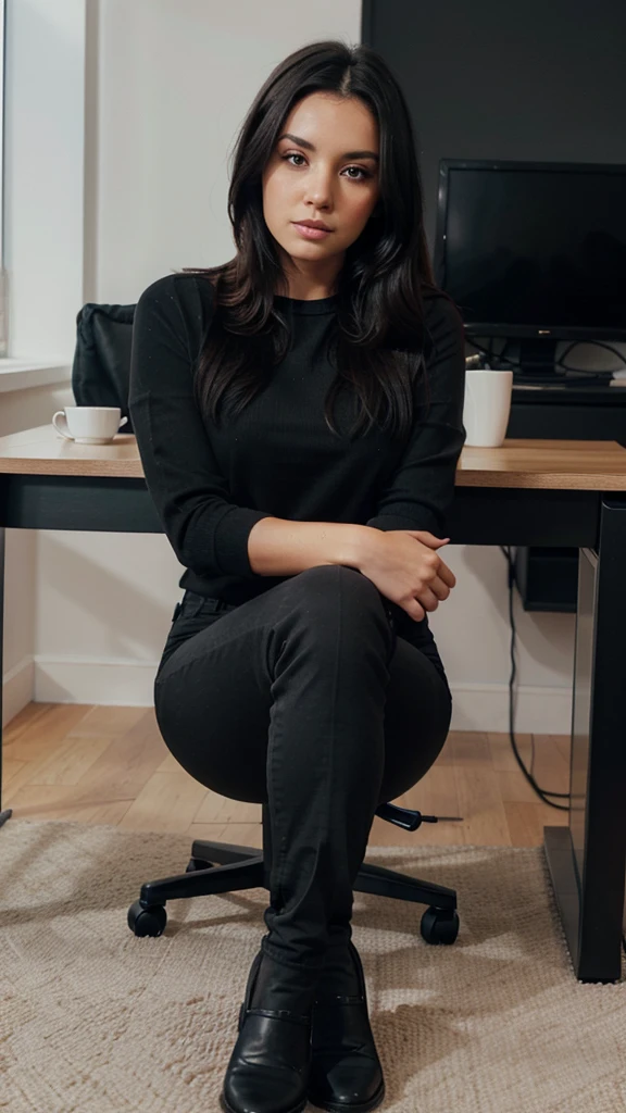 Brunette using a grey tight caffarena. straight black hair. black office pants. black flats. sitting, legs crossed. Instagram style photo, detailed face, UHD, front view
