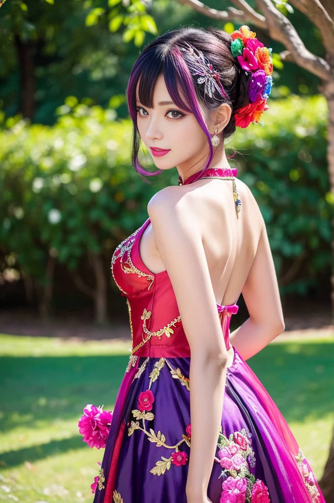 (masterpiece:1.4), (best quality:1.4), ultra high res, ultra high resolution, ((detailed facial features)), HDR, (realistic, photorealistic, photo-realistic:1.37), full body Esbian, sexy swedish model, (-anime), only 1 model, vivid colors, ((vivid colors multicolor (fuchsia, pink, red, purple) very short hair)), beautiful smile, lip-gloss, long lashes, defined eyebrows, wearing large sparkling colorful jewelery, wearing a red silk Paradise Kiss cosplay dress with black floral embroidery, ((vivid colors outfit)), vivid colors, look at the camera, cinematic light, large park background with trees, sweet and sexy pose