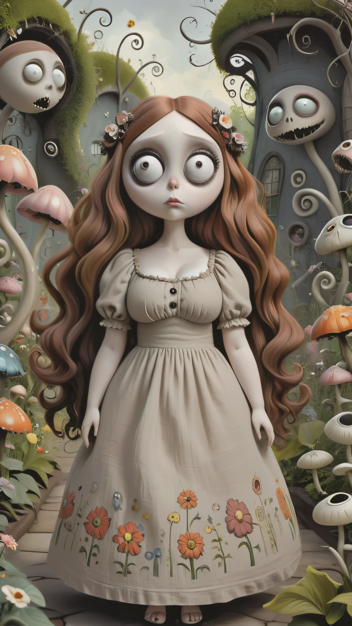 Young beautiful Chubby woman walking through Tim Burton-inspired garden. Garden is full of flowers and peculiar creatures with big eyes and Burtonesque charm. Girl is voluptuous, has giant breasts, auburn long wavy hair, (wearing linen flowery dress), The garden is a blend of anime aesthetics and Burtonesque surrealism, (hand drawn with pencil:1.2), (tim burton style:1.27), curvy body, ultra detailed, intricate, dynamic poses, natural light, fantasy art, big eyes, mysterious