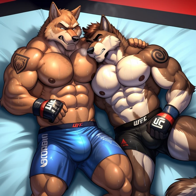Duo male(Brown Wolf vs Brown Wolf, handsomes, handsome hairstyle, tails, Thick eyebrows), gay(Lying body above body down, cuddling embraced, on a UFC match), hot(Shirtless), handsomes(They are handsomes, correct anatomy), musculosos(Big muscle bodies, Six packs, muscle abs, big pecs, muscle backs, muscle legs), sweaty(very sweaty wet bodies, shiny sweat), tatuajes(they have tattoos), Grumpy(Both have an grumpy expression, growling, grumpy teeths, steaming breath), UFC gloves(They both are wearing UFC gloves), UFC boxers(They both are wearing UFC boxers), Hight resolution, by(Zourik:1.1)