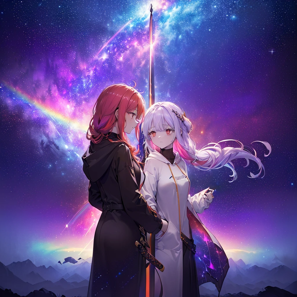 (((((Two women standing back to back、Holding a sword Galaxy Background、Shine))))) ((((Fantasy Rainbow colors、Long Hair Dull red eyes High Neck Hoodie Put on a coat without putting your arms through it)))) (((Lonely despair))) ((tears gloves)) (Distorted Space-Time star moon) Catch the wind Shine背景 Particles of light, Shineエッジ