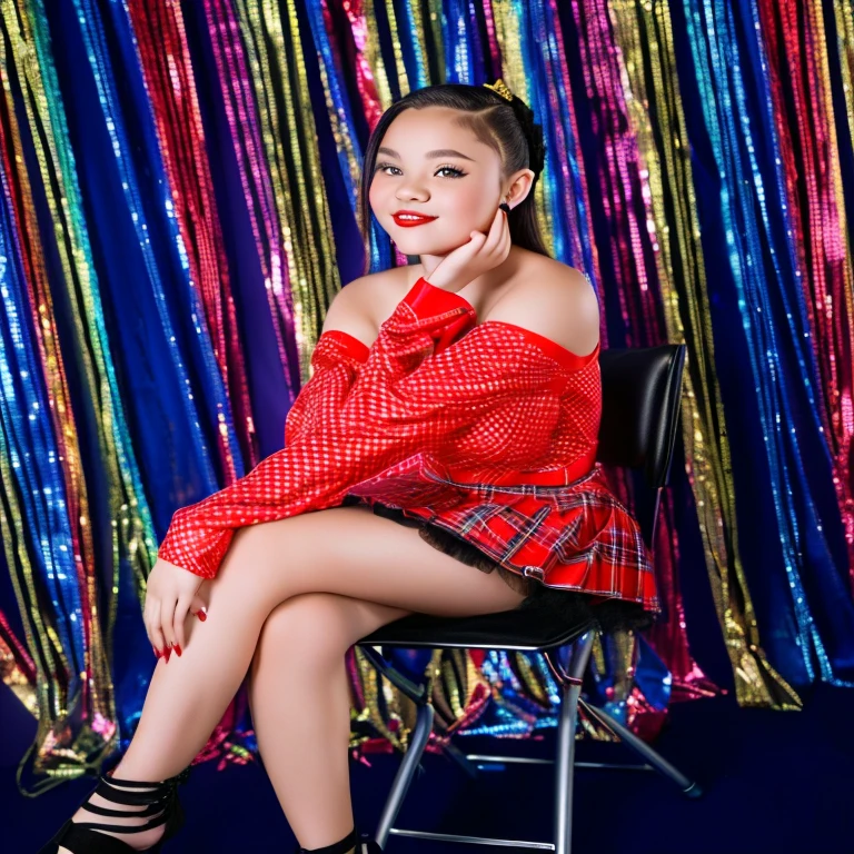 Tween girl in a red plaid dress sitting on a chair, fishnets and a long tartan skirt, wearing a red cheongsam, photo from a promo shoot, glamour photography, wearing red attire, in red background, glamour shot, 18 years old, photo shoot, shot in the photo studio, full body photoshoot, full body photogenic shot, background is heavenly
