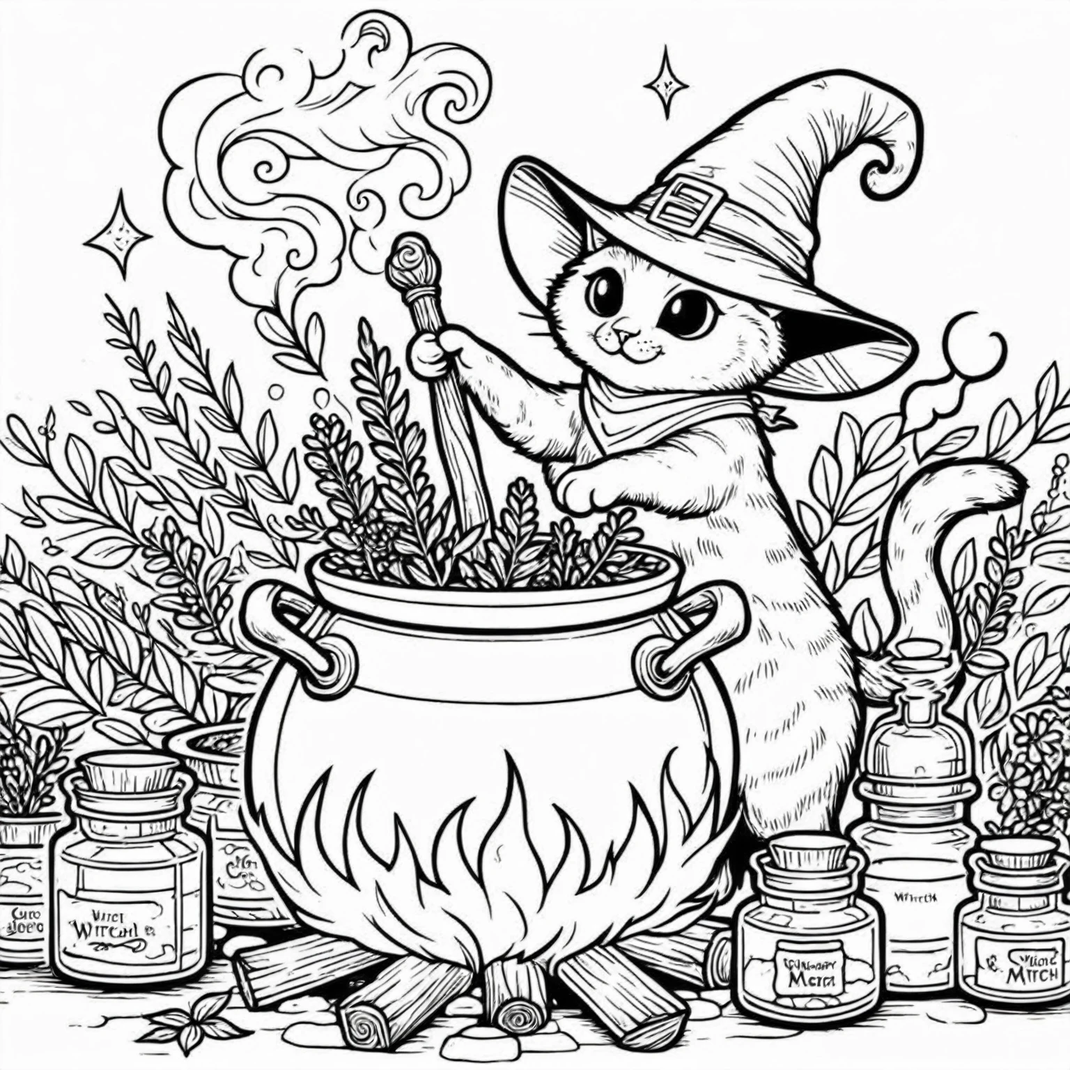 Black and white drawing of a cat in a witch&#39;s hat stirring a pot of herbs, Cat Witch, Put a spell on the potion, Magic Cauldron, Magic Potion, Making medicines, In the portion shop, Witch-like, Scary but fascinating, Magic Potion, she is in the potions workshop, boiling cauldron