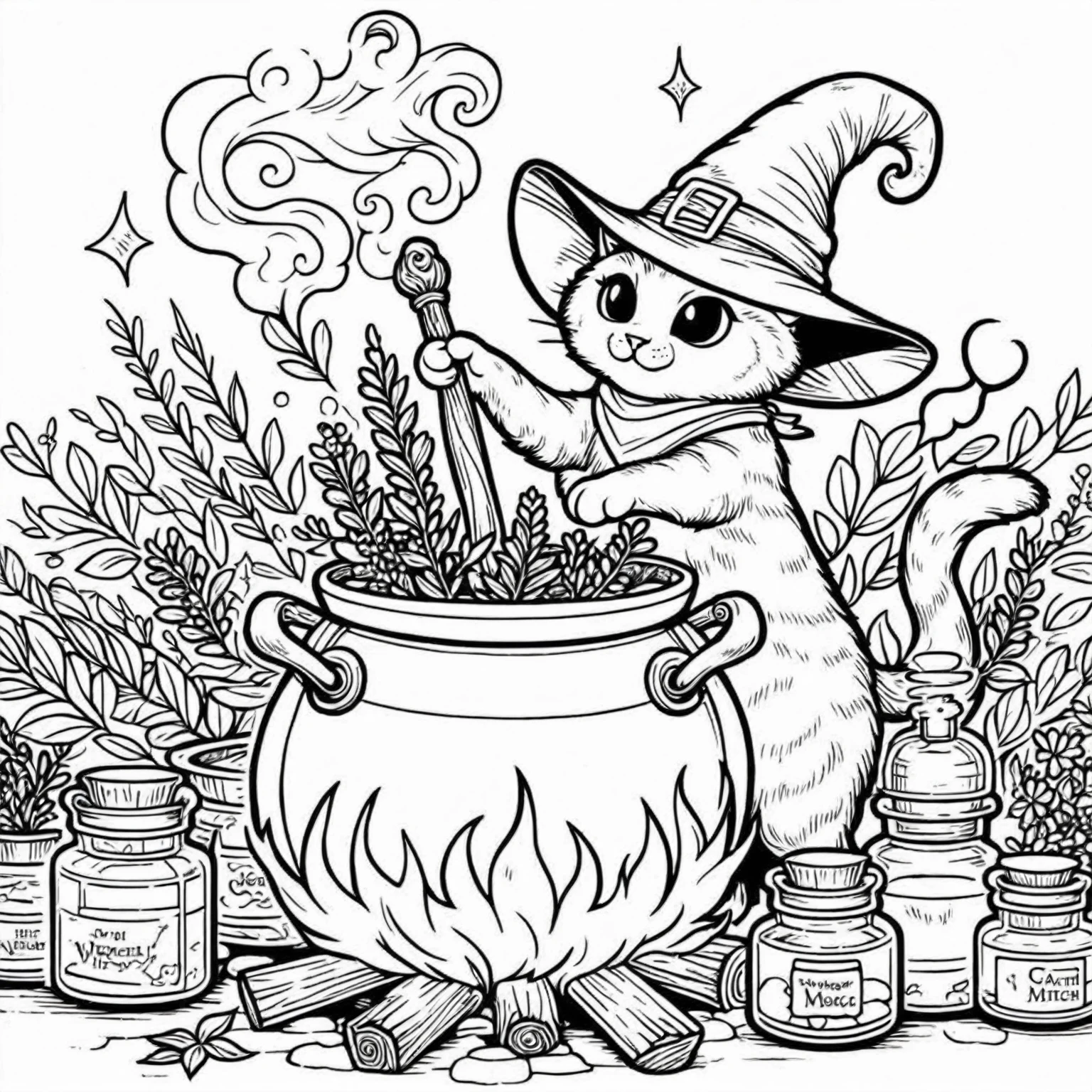 Black and white drawing of a cat in a witch&#39;s hat stirring a pot of herbs, Cat Witch, Put a spell on the potion, Magic Cauldron, Magic Potion, Making medicines, In the portion shop, Witch-like, Scary but fascinating, Magic Potion, she is in the potions workshop, boiling cauldron