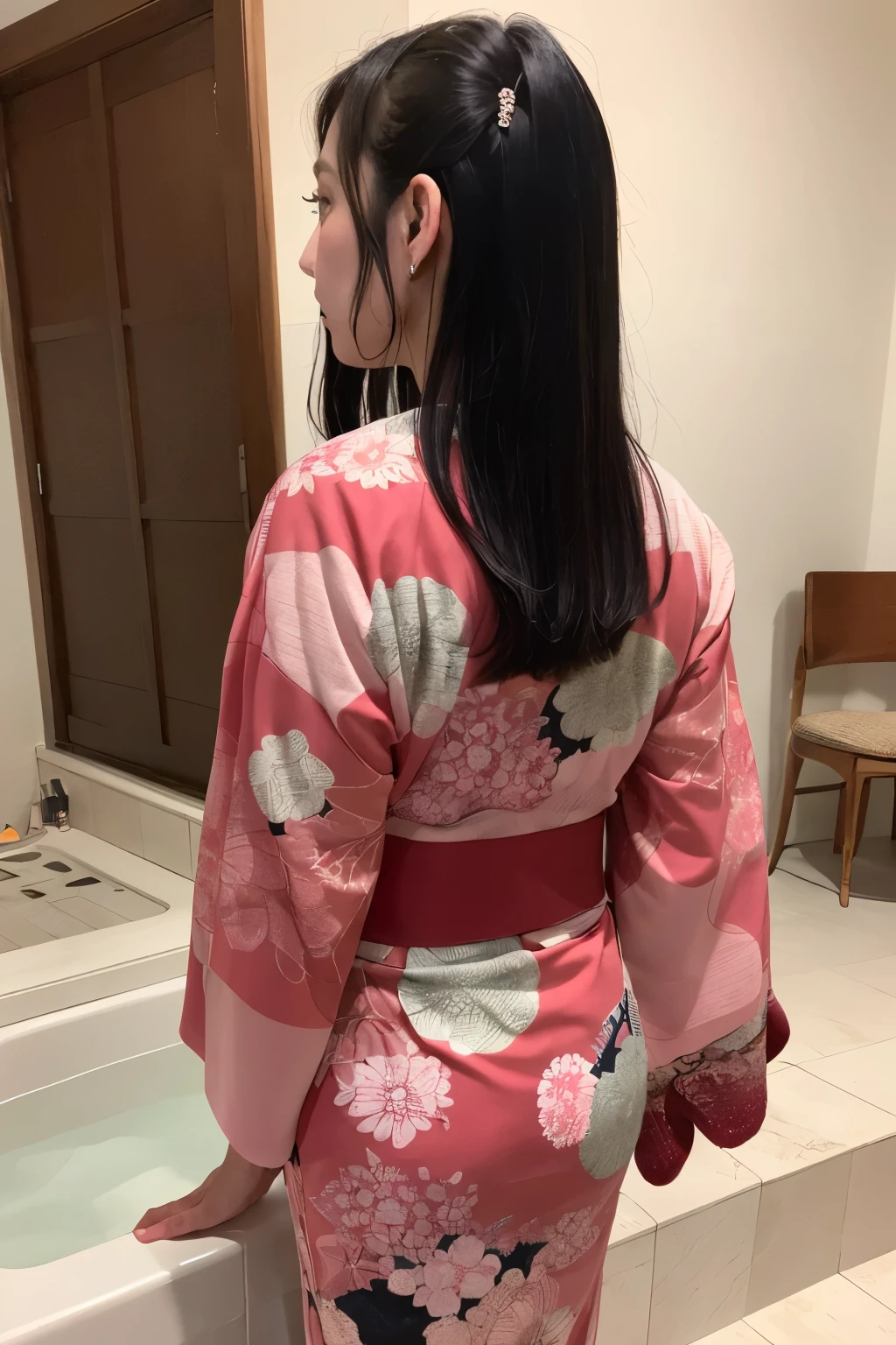 ((Highest quality)), ((masterpiece)), (detailed), One girl, Traditional bathing Japanese kimono、Pink、Black Hair、Red gorgeous obi、The back is hidden