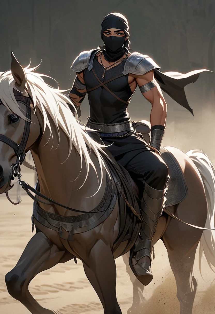 Male arab warrior, medivial, black short balaclava, black bandage, black clothes, thin waist, skinny body, femboy, light skin, makeup, black eyeliner, big eyelashes, black eyeshadow, metal choker,  light tanned skin, rides a horse