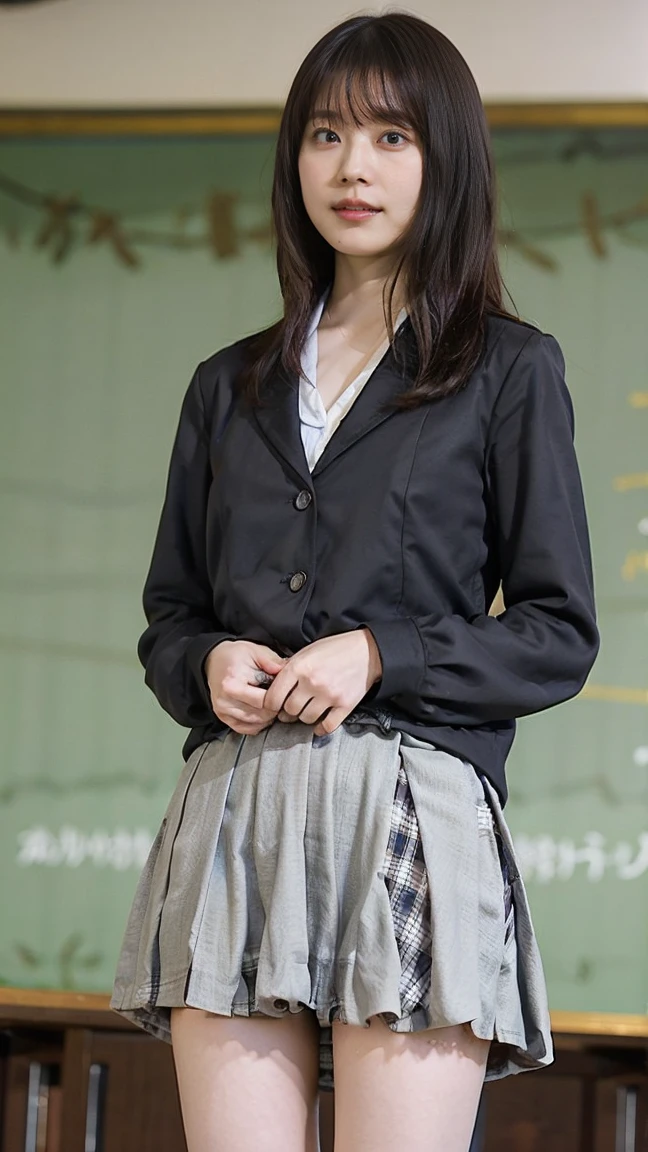 (photo practical:1.4), (hyper practical:1.4), (practical:1.3), (Smoother lighting:1.05), (Improving the quality of cinema lighting:0.9)、Natural light、Professional photos, practical portrait,(Japanese beautiful girl、18-year-old high school student),, Beautiful face and eyes, Very cute face, smile, vitality, vitality, (A sexy uniform with a wide open chest:1.2、The chest is wide open and the breasts are exposed、Her clothes are open and her naked body is visible、Showing her 、very beautiful small breasts、Beautiful cherry-colored areola、Erect nipples、Small butt、Shaved),The hem is short and the lower half of the body is visible、No underwear、  (Chest High School Girl:1.4),  (district), Portrait of sexy girl, (View from below:1.2)、School classroom、During class、No underwear、No underwear、No bra、topless、Upper body naked、Lift up your skirt with your hands、Lifting her skirt with her hands to show off her private parts