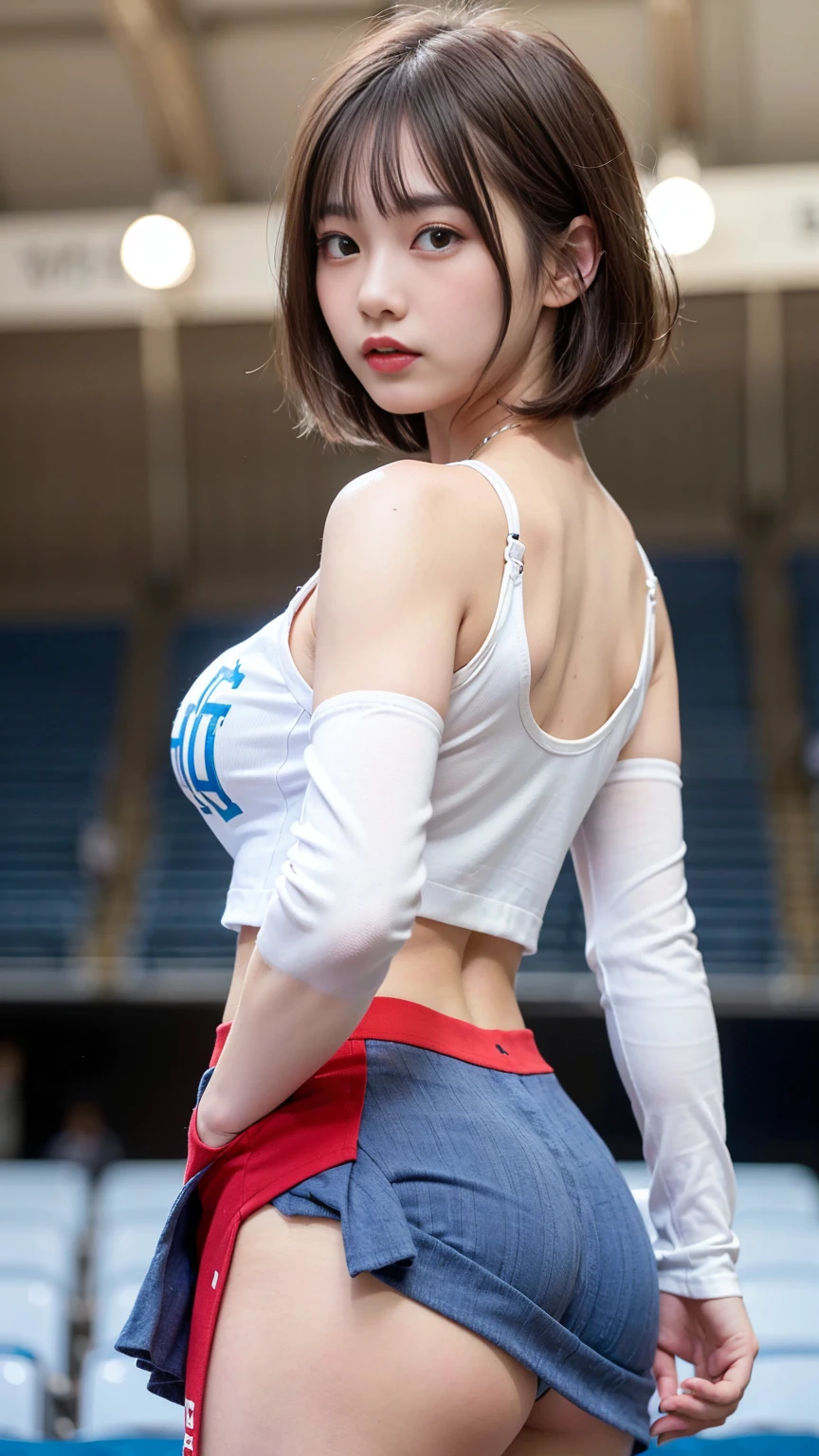 "masterpiece, ultra high res, 8k, RAW photo, best quality, detailed shadow, amazing, finely detail, sharp focus, (standing naturally:1.5), (cowboy shot:1.3), (from behind:1.5), (detailed and structured patterns:1.5), (looking at viewer:1.2), BREAK 1girl, (18 years old:1.5), (black medium hair:1.2), (bob cut:1.3), (blunt bangs:1.4), medium breasts, (perfect face:1.4), super detailed beautiful skin, (abs:0.7), (round face:1.5), (skinny:1.5),
((sky blue)cheerleade:1.3), (very tight Show off skin on shoulders, back, and décolletage cheerleade:1.3), (long sleeve tops cheerleade:1.3), (Skirt with a switch at the hem-cheerleade:1.3), (blue, white, red, cheerleade velor fabric cheerleade:1.4), (indoor stadium:1.4), (beam:1.5)