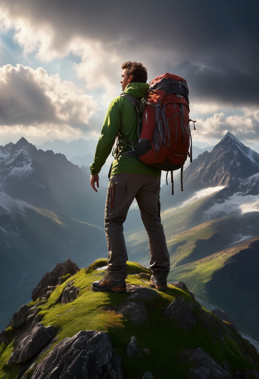 a man standing on the top of a high mountain, dramatic landscape, (best quality,4k,8k,highres,masterpiece:1.2),ultra-detailed,(realistic,photorealistic,photo-realistic:1.37),HDR,UHM,studio lighting,detailed mountain scenery,rugged rocky terrain,dramatic clouds,sunlight streaming through clouds,majestic snow-capped peaks,lush greenery,epic,cinematic,dramatic lighting