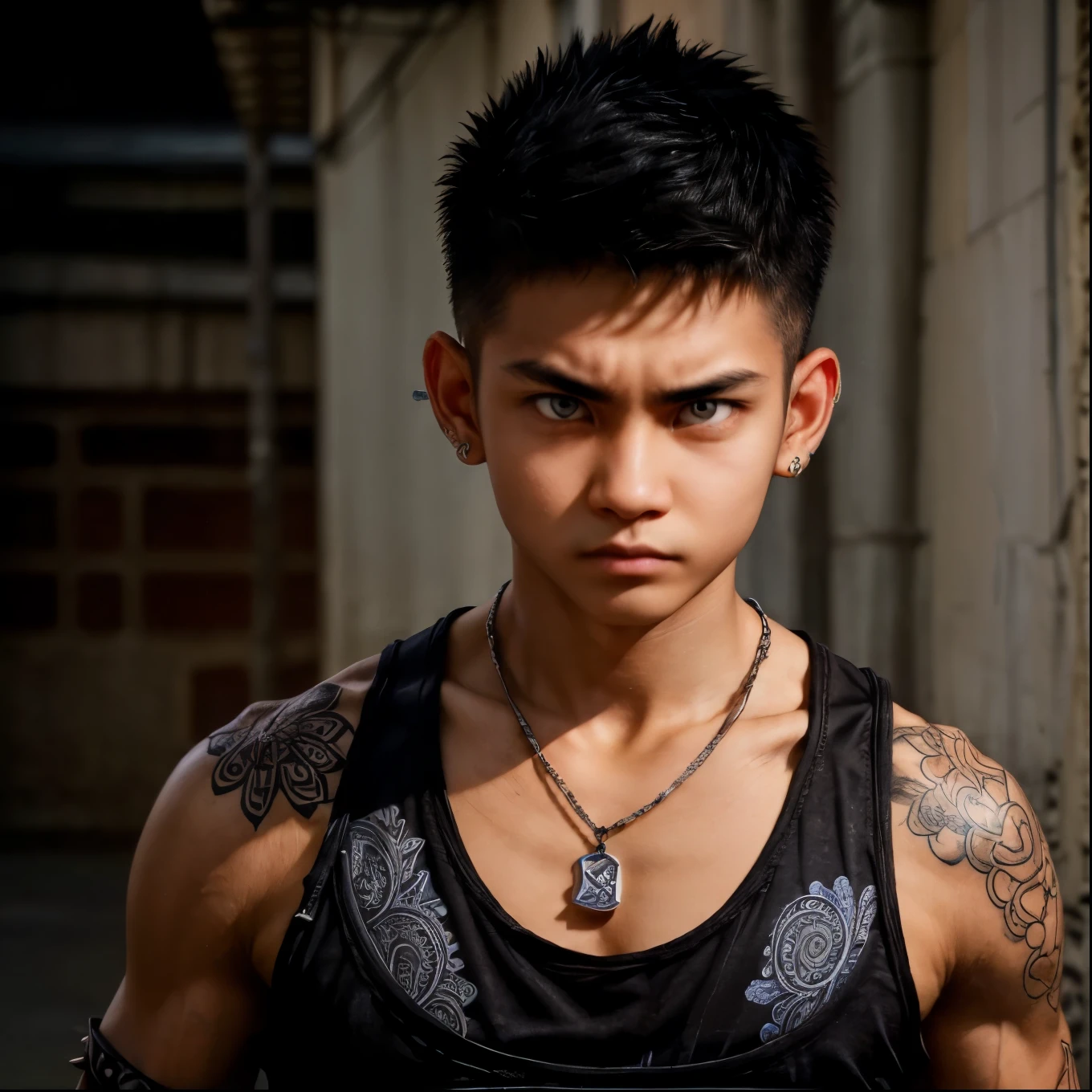 (((simple Black tank top)))、((Cover your nose and neck with a paisley pattern cloth))、Denim pants、sneakers、Tattoo、Muscular、necklace、(Glowering look、furious)、Alley、undercut hair、Spiky hair、(thumbs up、arm up)、、masterbation、(2boys)