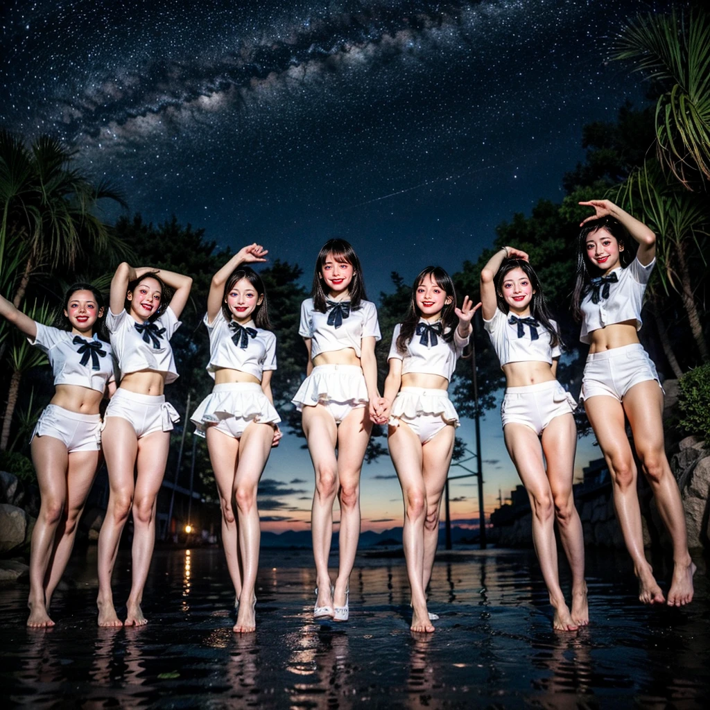 Masterpiece of ProfessionalPhoto ((ExtremelyDetailed (12 PICHIPICHI KAWAII Girls Floating in The Air in a row:1.37) in WHITE at Dusk Enoshima Beach)), {(Standing Full Body:1.2)|(from below:1.2)|Detailed KAWAII face}, Different types of hair colors, {(skinny(school swimwear))|(SchoolUniform)with Skinny AthleticShorts}, {(Corrected Childish hand)|Hidden hand|Different types of breasts|(Clearly Visible the shape of Butt)}, Joyful Expressions LifeLike Rendering, Detailed clothing texture, PerfectLighting, (Dazzling Horizon Visible through ThighGap), (Starry IridescentParticles:1.22) ColorfulClouds