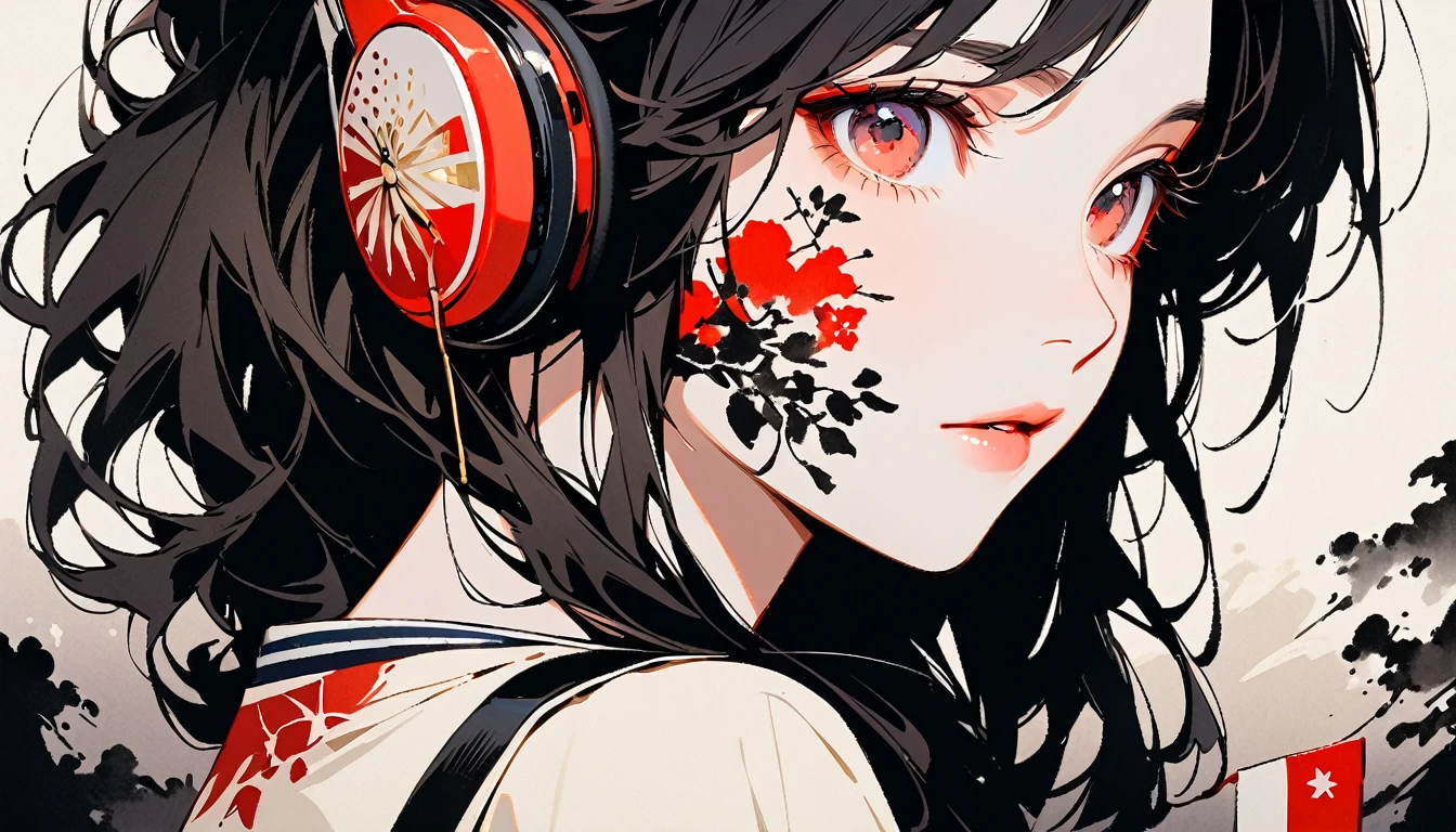 (((Ink Painting))), Fashion portrait color photos, (((1 girl))), (((Tattoo on face))), (((Gorgeous hair accessories))), Japanese style headphones, face close-up, Japan人の美少女, Black Hair, Delicate and precise,Japan, Japanese flag
