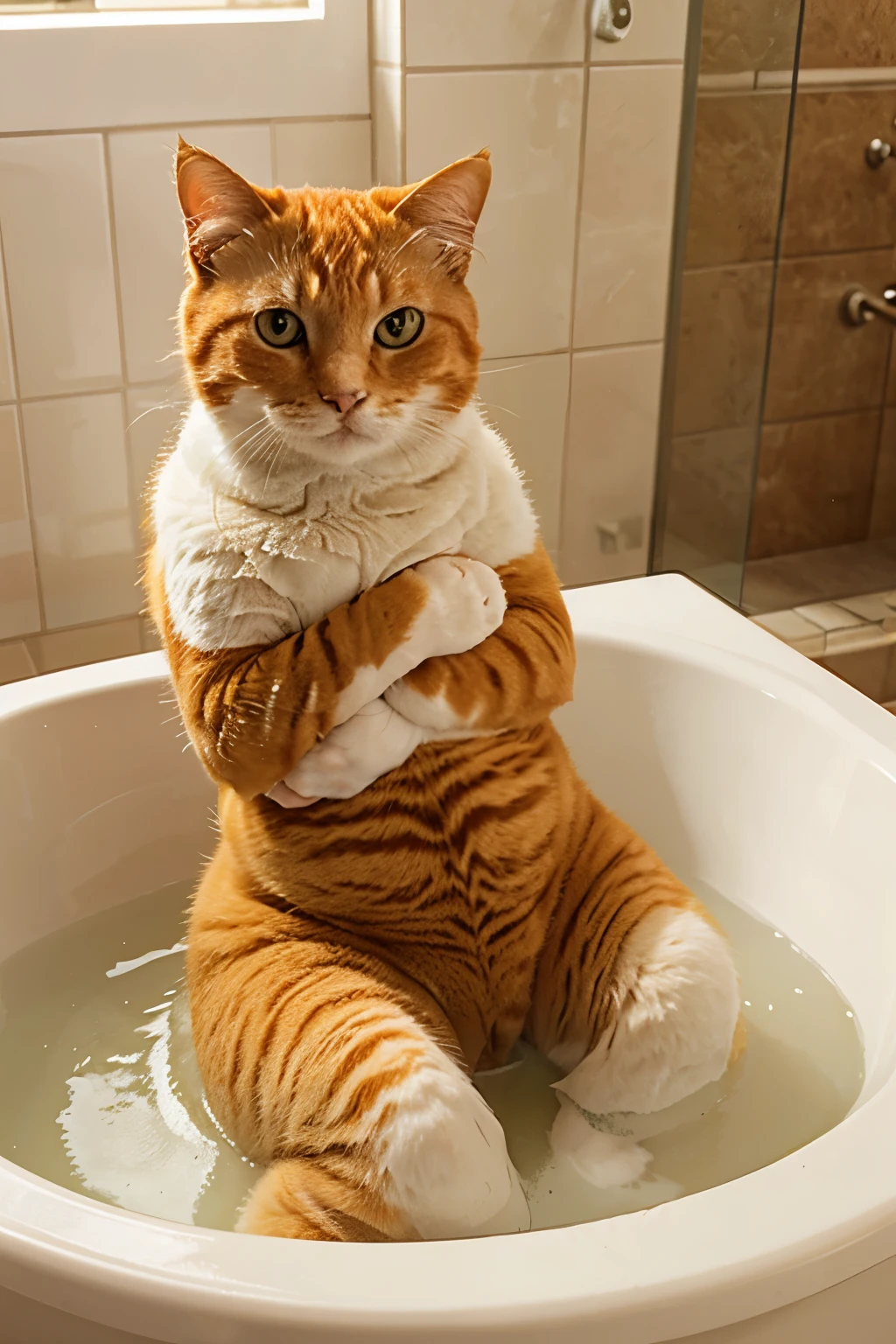 Fat orange cat loves taking a bath.