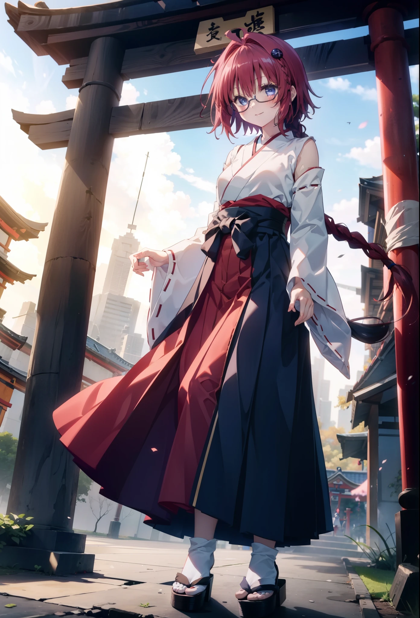 Meia Kurosaki,Meia Kurosaki,Redhead,Long Hair,Long braids,Purple eyes,Glasses, (Small breasts:1.2),Shrine maiden, 白いkimono, kimono, As with the skirt, Wide sleeves, Long sleeve, Red too,Long skirt,White tabi,Sandals,smile,blush,Sleeves edged with ribbon, whole bodyがイラストに入るように,
break looking at viewer,whole body,
break outdoors, shrine,torii,
break (masterpiece:1.2), Highest quality, High resolution, unity 8k wallpaper, (shape:0.8), (Beautiful attention to detail:1.6), Highly detailed face, Perfect lighting, Extremely detailed CG, (Perfect hands, Perfect Anatomy),