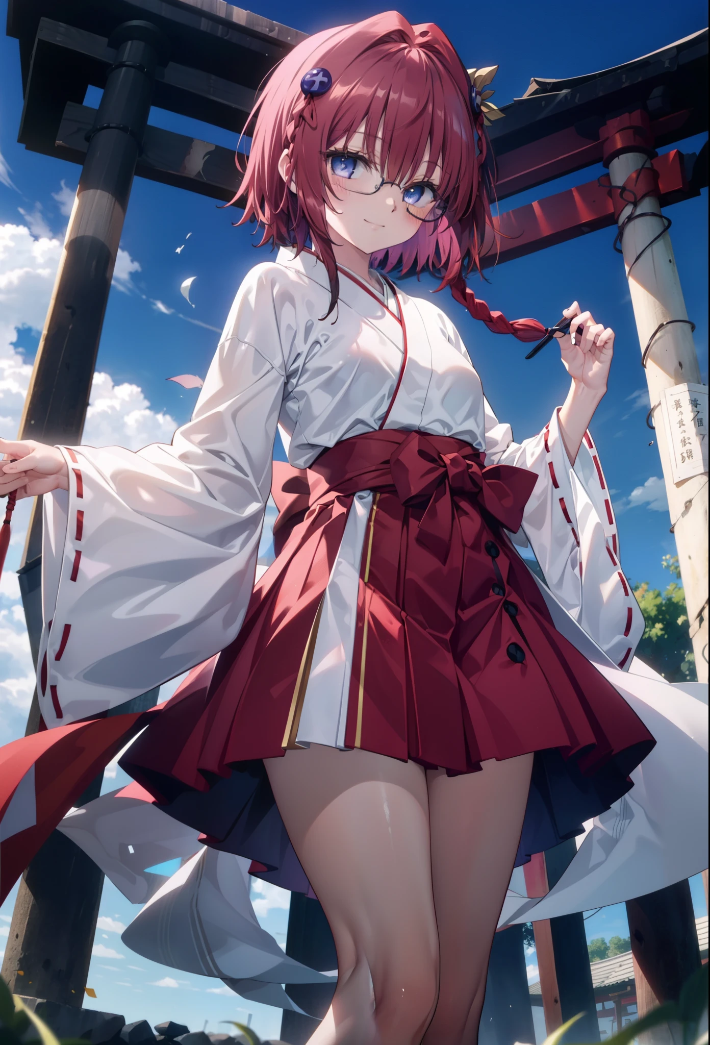 Meia Kurosaki,Meia Kurosaki,Redhead,Long Hair,Long braids,Purple eyes,Glasses, (Small breasts:1.2),Shrine maiden, 白いkimono, kimono, As with the skirt, Wide sleeves, Long sleeve, Red too,Long skirt,White tabi,Sandals,smile,blush,Sleeves edged with ribbon, whole bodyがイラストに入るように,
break looking at viewer,whole body,
break outdoors, shrine,torii,
break (masterpiece:1.2), Highest quality, High resolution, unity 8k wallpaper, (shape:0.8), (Beautiful attention to detail:1.6), Highly detailed face, Perfect lighting, Extremely detailed CG, (Perfect hands, Perfect Anatomy),
