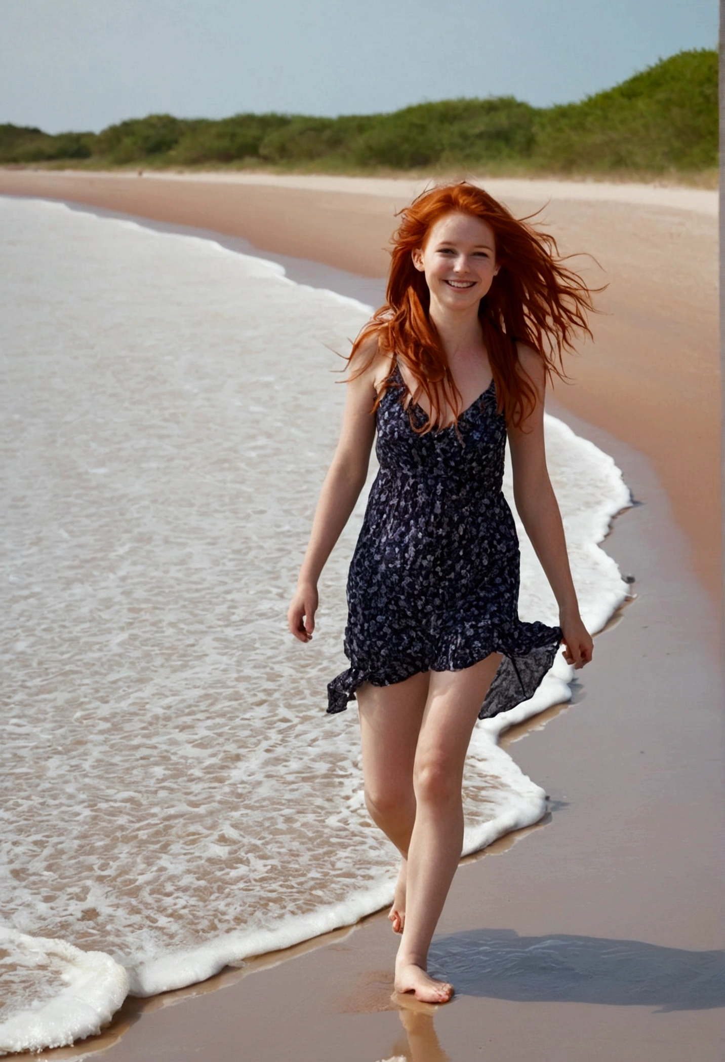 walking on the beach,,Reddish hair,Walking barefoot、A kind smile