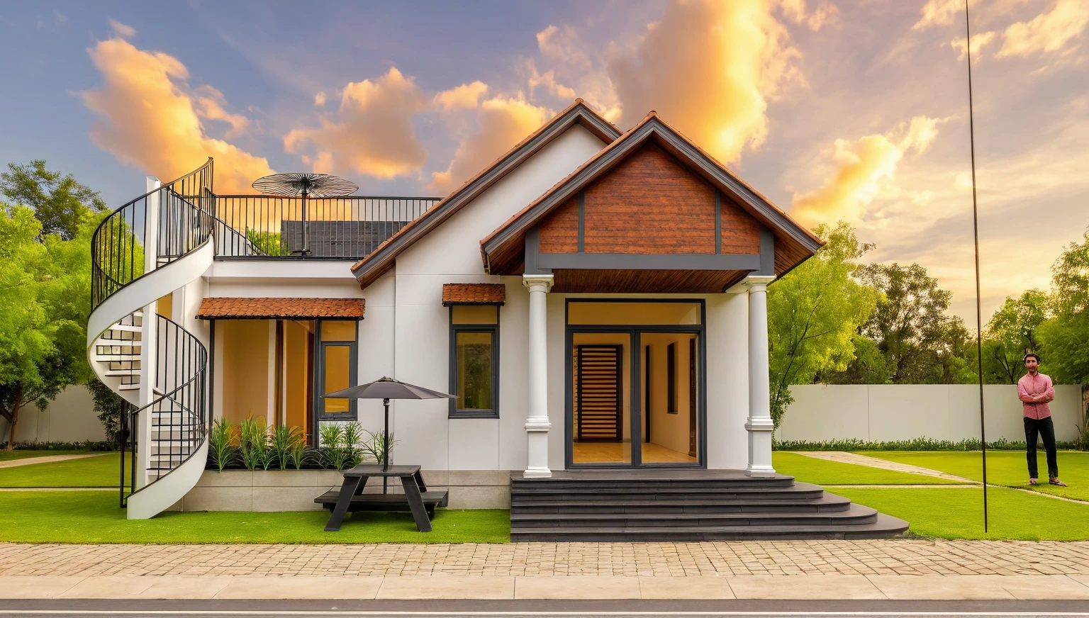 Masterpiece, high quality, best quality, authentic, super detail, outdoors, house style modern, bietthuhn, white wall, glass windows, gate road, pavement, grass, trees, Beautiful_sky, SUNSET, (day:1.1), realistic lighting