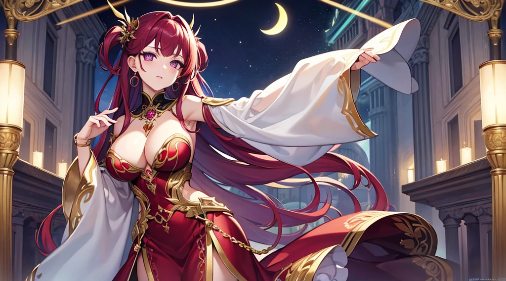 Highest quality, masterpiece, figure, wallpaper,One woman, Beautiful detailed woman, Highly detailed eyes and face, Beautiful attention to detail, Shine, View your viewers, Purple Eyes, Side Up,Bright Red Hair ,crisp finger, clear background, deep night、Big earrings、bracelet,28 years old,Are standing