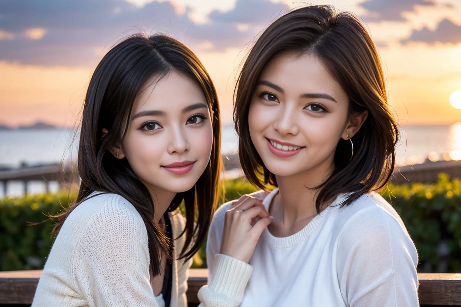 (Realistic:1.2),(masterpiece,Highest quality),8k,((2人のwoman)),Age 35,37 years old、Happy Couple、Wine Party、wine glass、White wine、sparkling wine、red wine、最高なsmile、Upper Body、Tight waist,Perfect ???????, Brown Hair, short hair,Random Hairstyles,Amazing view of the sunset sky and clouds、Long sleeve shirt、dress,((Highly detailed face and eyes:1.2))(Cute Face:1.4),Beautiful actress face,Perfect golden ratio face,woman'suit、Nice,(smile:1.2)、