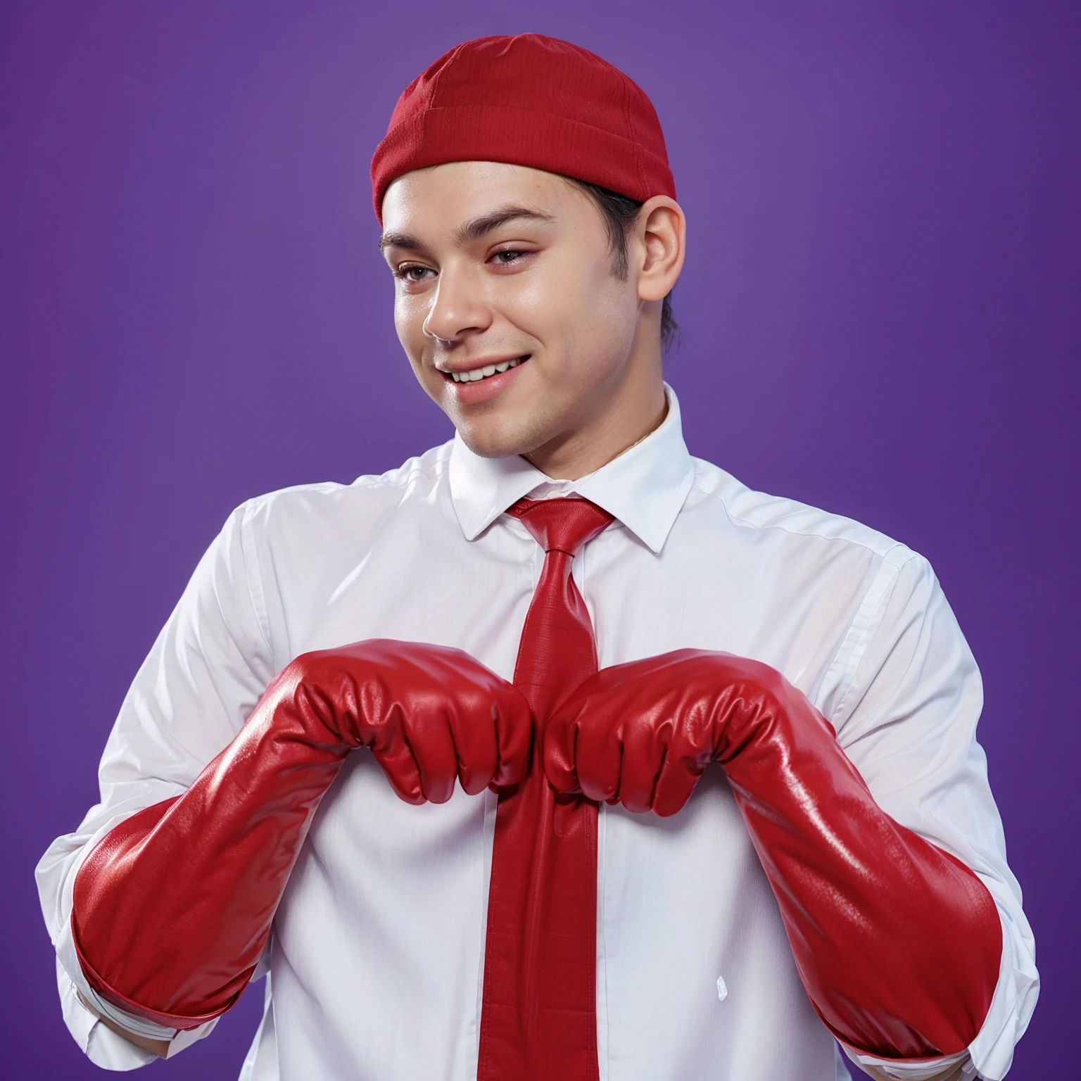 This image features a young man in a playful pose, wearing a white dress shirt, a striped red and white tie, and a dark red cap. His hands are covered with oversized red boxing gloves. He's playfully fixing his tie with a smile, suggesting a fun or humorous context. The purple background adds a vibrant contrast to his attire and accessories.аffects render, (glossy plastic texture with multiple big light probe refractions), perfect cgi, smooth silhouette, high intensity refraction, (super glossy plastic material), most beautiful vfx, , realistic, 4k, high resolution, rim light, smooth 3d model, multiple light sources, rim light, sharp post effects render,, realistic, 4k, high resolution, rim light detailed digital art, reflective, best quality, 4k, masterpiece:1.2, ultra-detailed, realistic, vivid colors, The image of the highest quality, ensuring every detail showcased perfectly. It in 4k resolution, allowing viewers to immerse themselves in the richness of the colors and intricate details. The realistic rendering. under the spotlight, reflecting, high-resolution image, realistic rendering