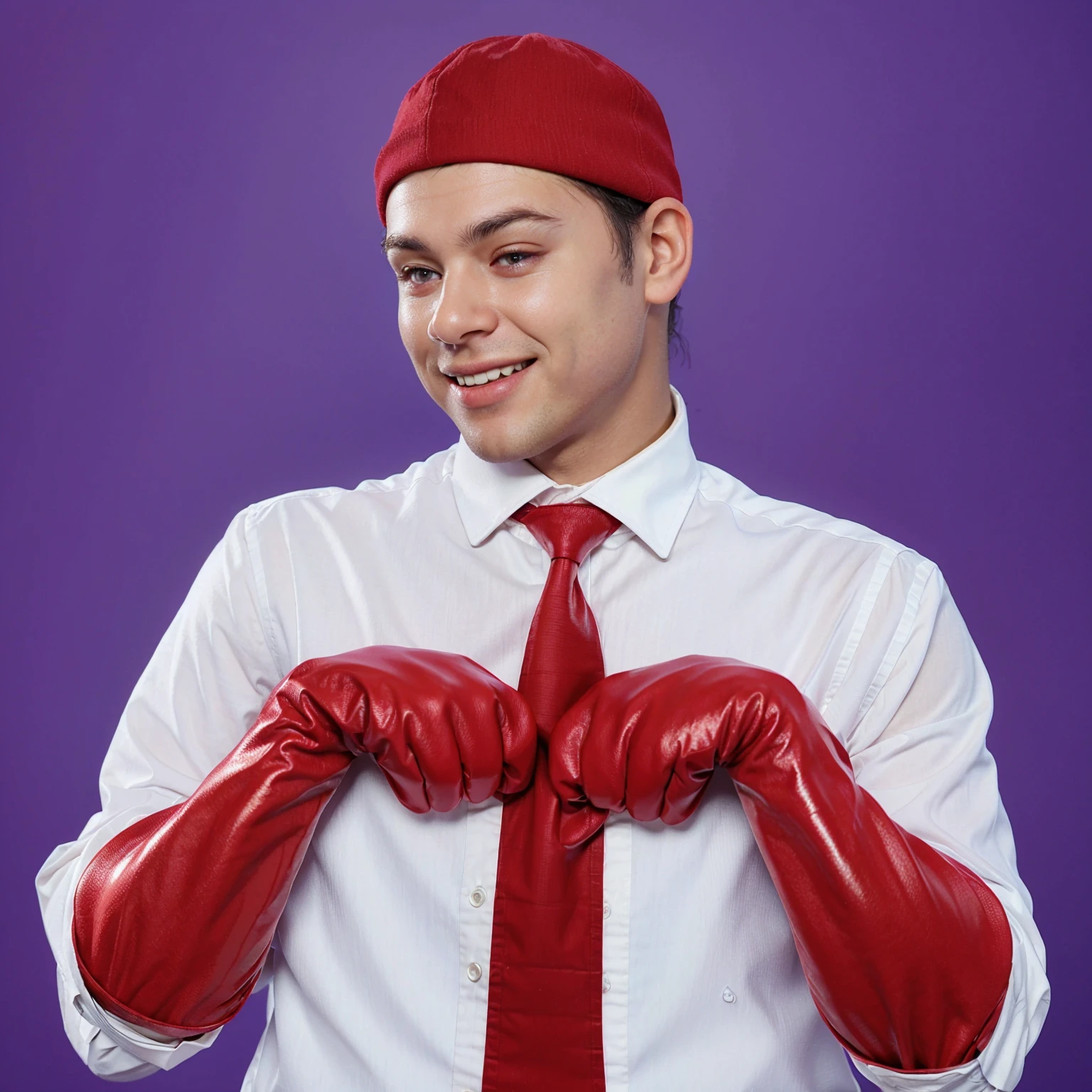 This image features a young man in a playful pose, wearing a white dress shirt, a striped red and white tie, and a dark red cap. His hands are covered with oversized red boxing gloves. He's playfully fixing his tie with a smile, suggesting a fun or humorous context. The purple background adds a vibrant contrast to his attire and accessories.аffects render, (glossy plastic texture with multiple big light probe refractions), perfect cgi, smooth silhouette, high intensity refraction, (super glossy plastic material), most beautiful vfx, , realistic, 4k, high resolution, rim light, smooth 3d model, multiple light sources, rim light, sharp post effects render,, realistic, 4k, high resolution, rim light detailed digital art, reflective, best quality, 4k, masterpiece:1.2, ultra-detailed, realistic, vivid colors, The image of the highest quality, ensuring every detail showcased perfectly. It in 4k resolution, allowing viewers to immerse themselves in the richness of the colors and intricate details. The realistic rendering. under the spotlight, reflecting, high-resolution image, realistic rendering