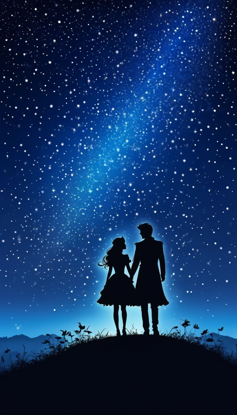 Prince and princess romantic fairy tale starry sky、Silhouette of man and woman