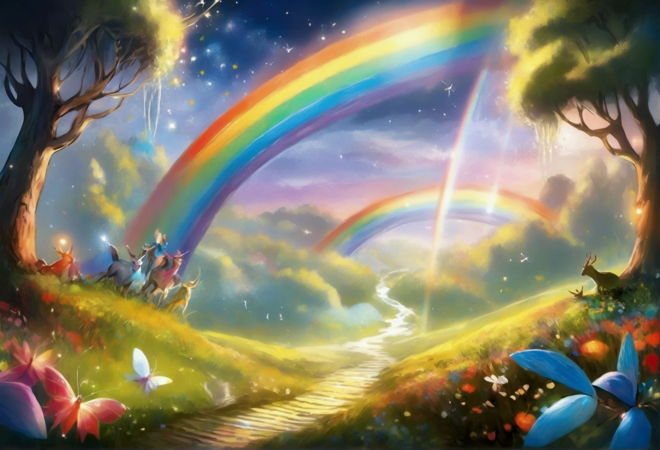 ((best quality)), ((masterpiece)), Scene: Adventuring along the rainbow, small, whimsical creatures guiding the way. Visual Elements: Forest creatures with fairy wings, twinkling stars. Lighting and Colors: Cool evening tones, luminescent pathways. Dynamics and Motion: Following the creatures, footsteps creating light ripples. Focus and Background: Friends' path lightening up, fading twilight colors. Emotion and Atmosphere: Mysterious, adventurous, and enchanting. Vibrant, whimsical, and joyful scenes with a fantastical touch, integrating playful and adventurous elements with a magical, dream-like aesthetic.