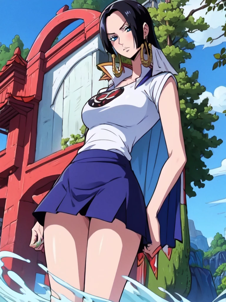 Masterpiece , highly detailed , best quality , perfect face , blue eyes , black hairs , boa hancock , wearing too short sleeves white printed t-shirt and blue jeans , in garden , arms bound behind back , looking at camera , standing still
