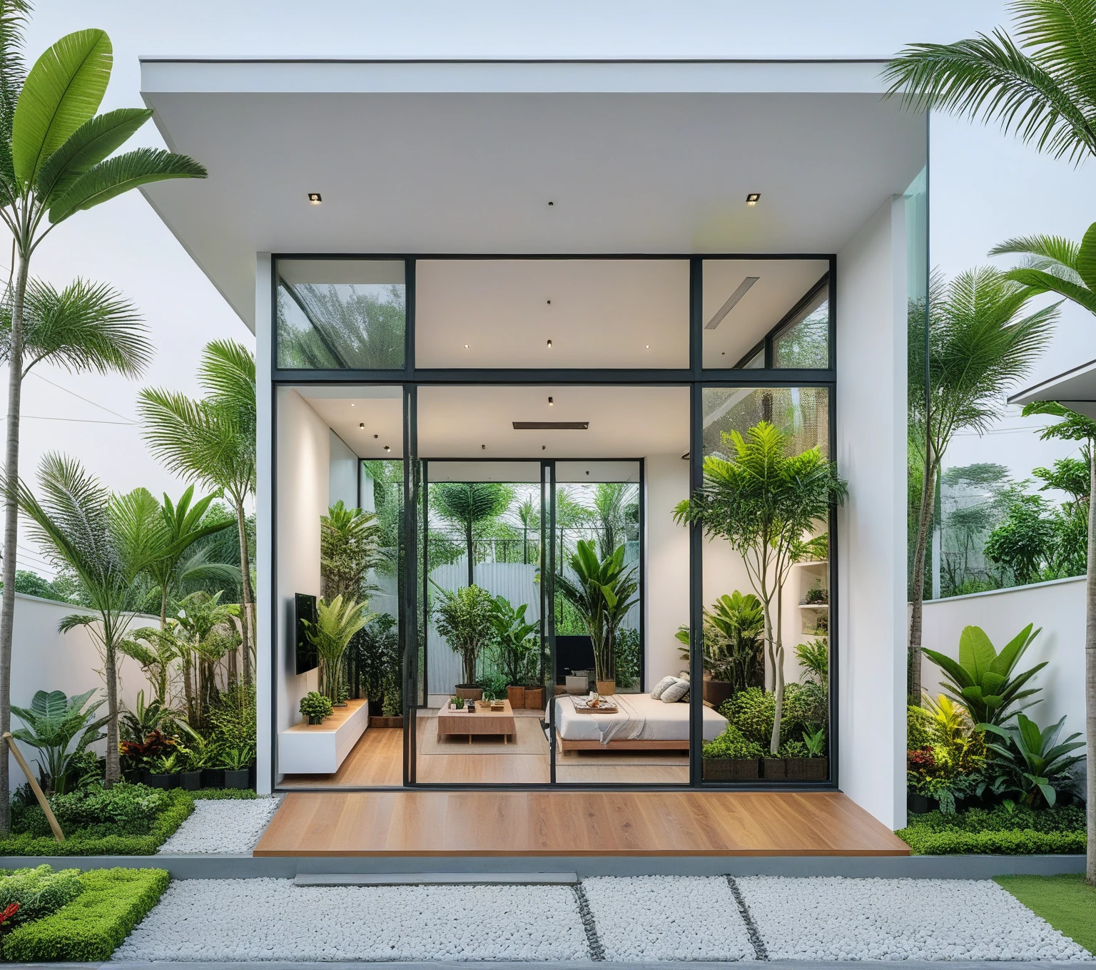 A hyper-realistic , a modern one-story house with a minimalist design, (very small house: 1.2) ,((with a facade less than 4 meters wide:1.2)), white and glass materials, wood, large floor-to-ceiling glass windows, tropical plants and trees. (house as the showroom mini furniture:1.2), front view, view human