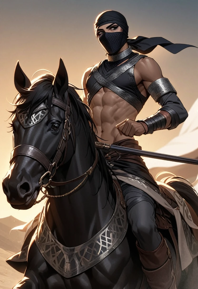 Male arab warrior, medivial, black short balaclava, black bandage, black clothes, thin waist, skinny body, femboy, light skin, makeup, black eyeliner, big eyelashes, black eyeshadow, metal choker,  light tanned skin, rides a black horse