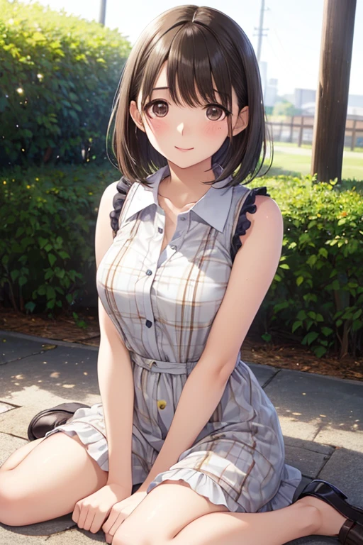 anegasaki nene、Shiny brown hair, short hair, (Beautiful brown eyes、Sparkling eyes, Fine grain)、smile、Ultra-detailed eyes、Highly detailed face, Highly detailed eyes,


One girl, young, very short worn Button unbuttoned gingham sundress, Button unbuttoned, Brown Hair, short hair, Thick thighs, Warm summer days, sit on the front lawn、((wariza:1.5))