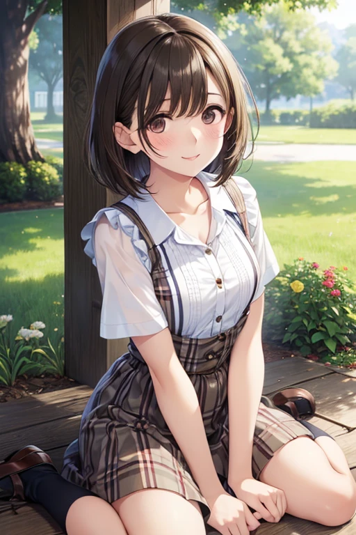 anegasaki nene、Shiny brown hair, short hair, (Beautiful brown eyes、Sparkling eyes, Fine grain)、smile、Ultra-detailed eyes、Highly detailed face, Highly detailed eyes,


One girl, young, very short worn Button unbuttoned gingham sundress, Button unbuttoned, Brown Hair, short hair, Thick thighs, Warm summer days, sit on the front lawn、((wariza:1.5))