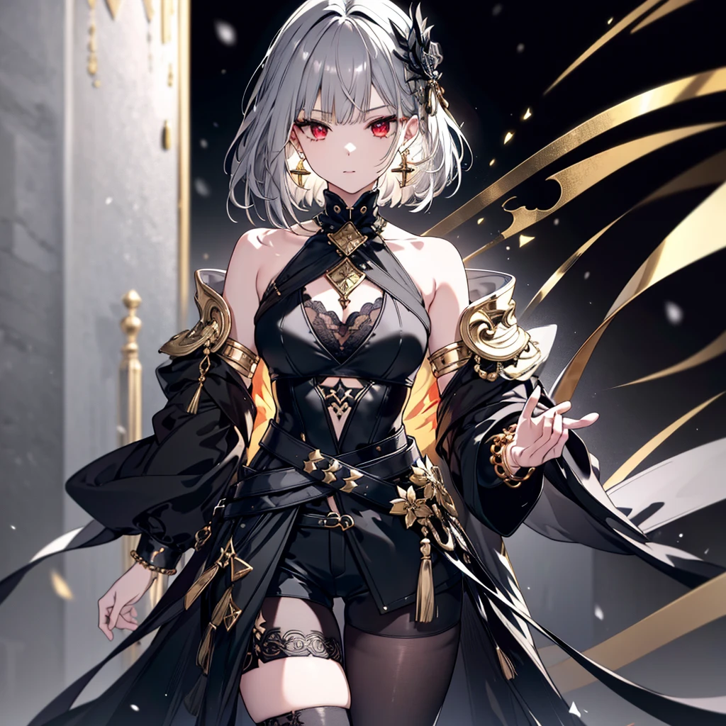 8k,High resolution RAW color art,Anime Art,Silver Marble Skin, (((Very detailed and cool))), Detailed skin, Blur、texture,(Exquisitely crafted, The finer details, Ultra-detailed art), (((1 girl))), Depth of written boundary, Silky Touch, Hyper Detail, (((Cool face))), eye shadow、Armed women, Beautiful detailed red eyes, Beautiful lip detail, Highly detailed face, Delicate depiction of hair and eyes, Detailed Fashion, Golden earrings,Full body depiction, Black half top、(((Shoulder Bare)))、Black shorts、Waist Cloak、black tights、Golden decoration, Shiny grey hair, Golden bracelet, Straight Hair、Short Hair、(((Hair)))、Simple Background、(((Black theme)))、snow、look down、cloth、Clear face、Diagonal orientation、Slightly larger breasts、