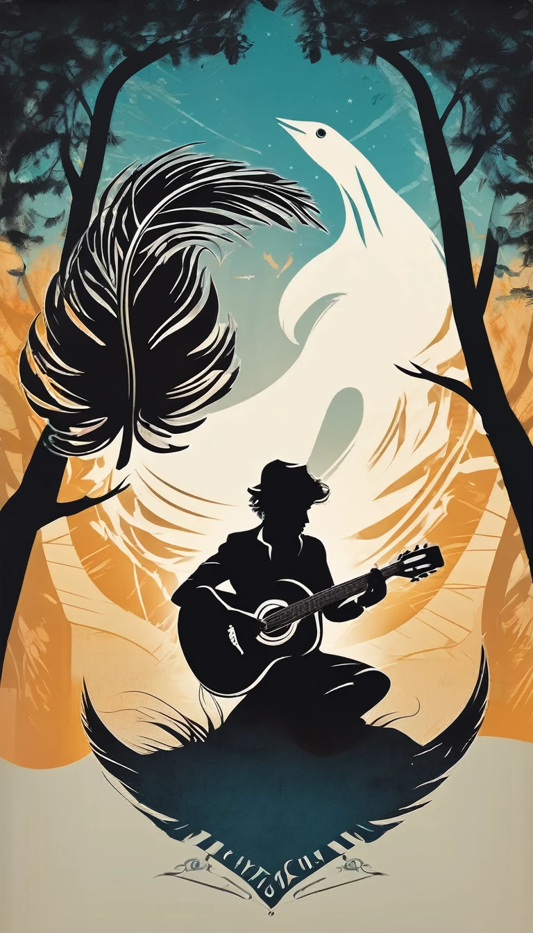 Create a cinematic, abstract symbol for a film production company based on stories and music. The logo should convey a fantasy, storytelling theme and include the company of a boy, his acoustic guitar and a Feather.  sitting against a tree, playing acoutic guitar to a fantastic feather