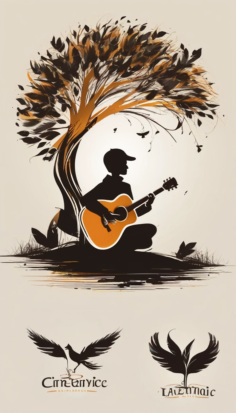 Create a cinematic, abstract symbol for a film production company based on stories and music. The logo should convey a fantasy, storytelling theme and include the company of a boy, his acoustic guitar and a Feather. sitting against a tree, playing acoutic guitar to a fantastic feather