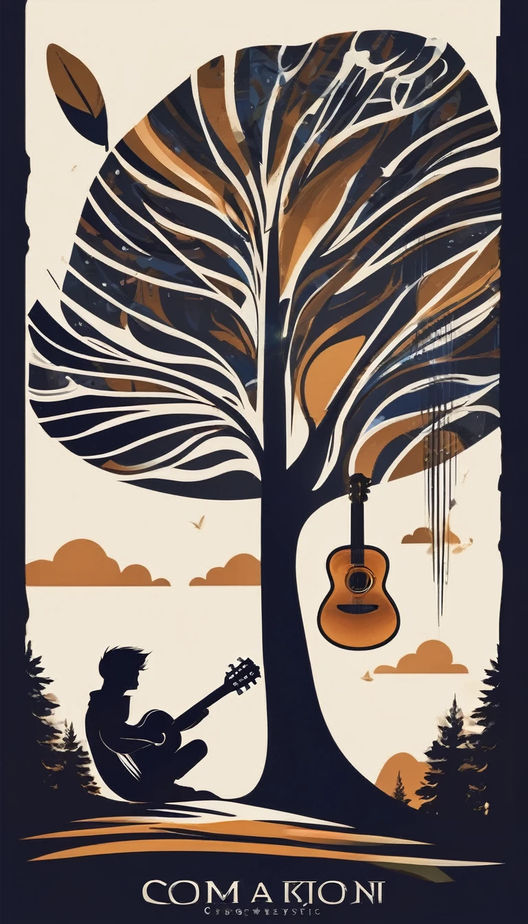 Create a cinematic, abstract symbol for a film production company based on stories and music. The logo should convey a fantasy, storytelling theme and include the company of a boy, his acoustic guitar and a Feather. sitting against a tree, playing acoutic guitar to a fantastic feather