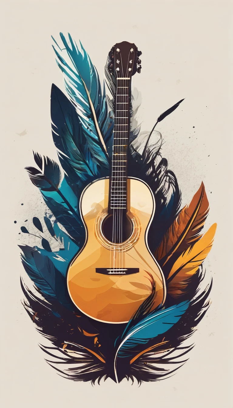 Create a cinematic, abstract symbol for a film production company based on stories and music. The logo should convey a fantasy, storytelling theme and include the company of a boy, his acoustic guitar and a Feather.  sitting against a tree, playing acoutic guitar to a fantastic feather