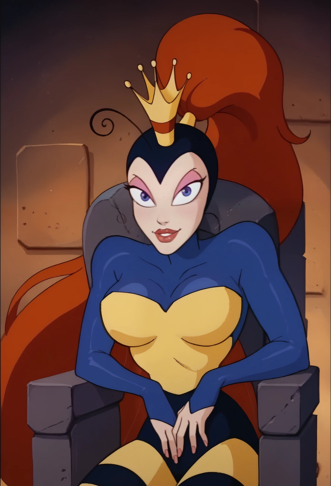 score_9, score_8_up, score_7_up, score_6_up, score_5_up, score_4_up, extreme detail, Masterpiece, Best Quality, beautiful,
xqueenwhnx, red hair, very long hair, ponytail, crown, antennae, eyeshadow, lipstick, large breasts,
Perfect anatomy, detailed eyes, perfecteyes, looking on viewer, posing, seductive smile, sitting on throne, front view,
bodysuit, upper body. portrait, breasts squeezed together
