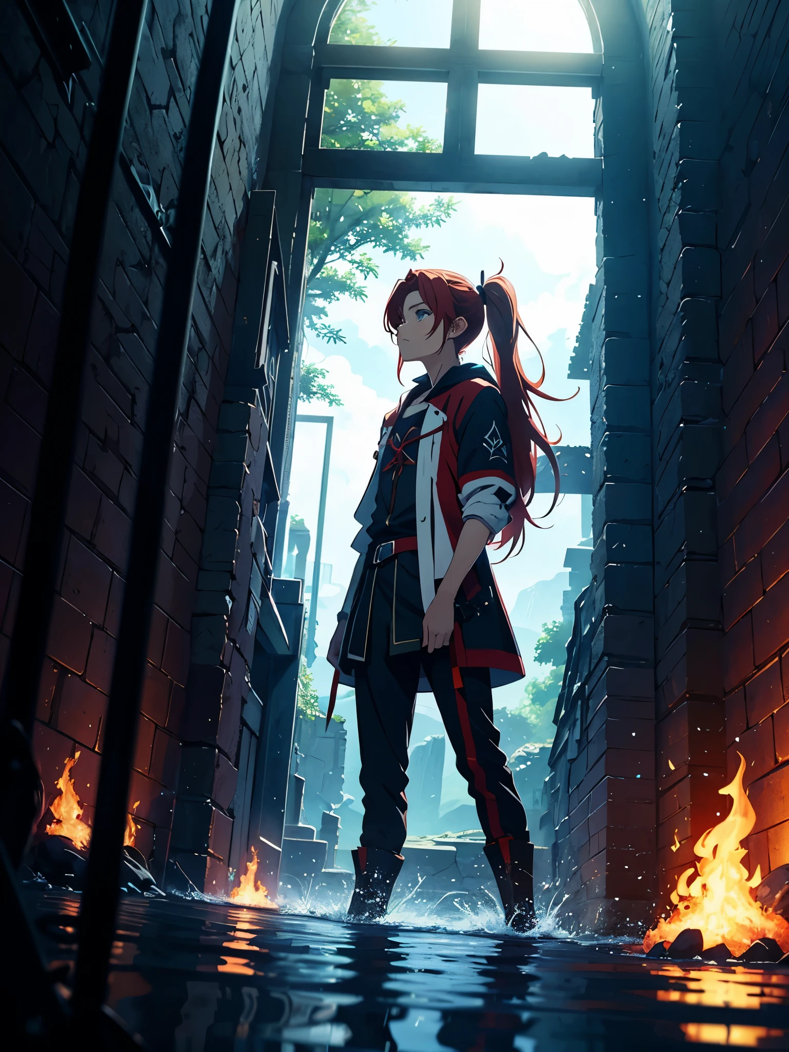 Light. mystical. Elegance. Schlosshalle. God. Magic. magic. Runesschrift. Runes im Himmel. Runes. pigtail. Ponytail. More anime style. blue flames. 2d. flatter. anime style. Viking clothing. soft. More anime. Standing in a lake. More anime. More 2d. Clean. More anime. 2d. Glow. Red hair. More anime. male. Long hair. long red hair. boy, vikings. red hair. Blue eyes. fire.